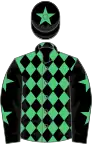Emerald green and black diamonds, black sleeves, emerald green stars, black cap, emerald green star