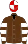 Brown, White hooped sleeves, Red and White quartered cap