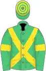 Green, yellow cross belts, green sleeves, yellow cap, green hooped