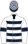 White, dark blue hoops and armlets, dark blue and white hooped cap