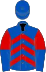 Royal blue, red chevrons, red and royal blue halved sleeves, royal blue cap