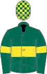 Green, yellow hoop and armlets, check cap