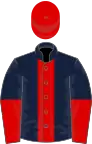 DARK BLUE, RED stripe, halved sleeves, EMERALD GREEN cap