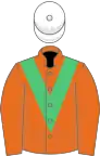 Orange, emerald green chevron, white cap