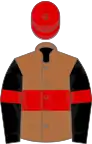 Light tan, red hoop, black sleeves, red hoop, red cap