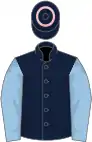 Dark blue, light blue sleeves, pink and green hoop on cap