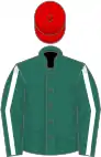 Forest green, white seams on sleeves, red cap