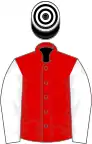 Red, white sleeves, black and white hooped cap