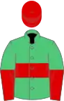 Emerald green, red hoop, halved sleeves, red cap