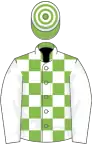 Light green and white check, white sleeves, hooped cap