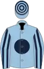 Light blue, dark blue disc, striped sleeves, hooped cap