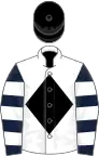 White, Black diamond, Dark Blue and White hooped sleeves, Black cap