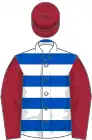 Royal blue, white hoops, maroon sleeves and cap