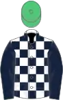 White and dark blue check, dark blue sleeves, emerald green cap
