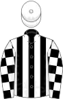Black and white stripes, checked sleeves, white cap
