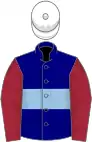 Navy blue, light blue hoop, maroon sleeves, white cap