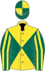 Yellow and dark green diabolo, dark green and yellow striped sleeves, yellow and dark green quartered cap