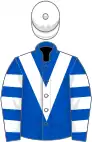 Royal blue, white chevron, hooped sleeves, white cap