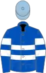 Royal blue, two white hoops, two white armlets, light blue cap