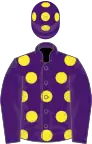 Purple, yellow spots, purple sleeves, yellow spots on cap