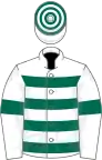 White, dark green hooped, white sleeves, dark green armlets, white cap, dark green hooped