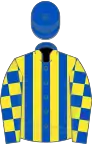 Royal Blue and Yellow stripes, checked sleeves, Royal Blue cap
