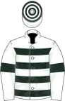 White and dark green hoops, white sleeves, dark green armlets, hooped cap