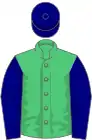 Emerald green, navy blue sleeves and cap
