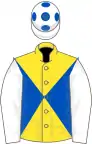 Yellow and Royal Blue diabolo, White sleeves, White cap, Royal Blue spots