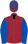 Maroon, royal blue sleeves, hooped cap