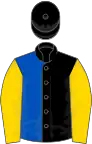 Black and royal blue (halved), gold sleeves, black cap