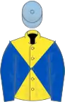 Yellow and royal blue diabolo, royal blue sleeves, light blue cap