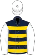 Dark blue, gold hoops, white sleeves and cap