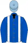Royal blue, white braces, light blue cap