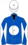 Royal blue, white disc, diabolo on sleeves, white cap