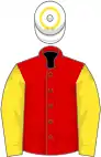 Red, yellow sleeves and hoop on white cap