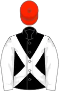 Black, white sleeves and crossbelts, scarlet cap