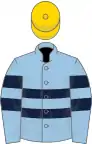 Light blue, two dark blue hoops, gold cap