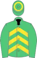 Emerald green, yellow chevrons, emerald green sleeves, hooped cap