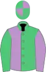 Emerald green and mauve (halved), sleeves reversed, emerald green and mauve quartered cap
