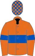 Orange, royal blue hoop and armlets, check cap