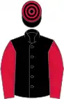 Black, crimson sleeves, hooped cap