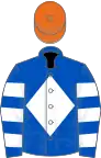Royal Blue, White diamond, hooped sleeves, Orange cap