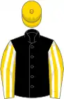 Black, gold and white striped sleeves, gold cap