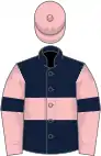 Dark blue, pink hoop, pink sleeves, dark blue armlets, pink cap