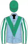 Light blue, emerald green chevron, white and emerald green striped sleeves, emerald green cap