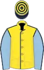 Yellow, Dark Blue seams, Light Blue sleeves, Dark Blue seams, Dark Blue and Yellow hooped cap