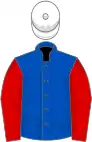 Royal blue, red sleeves, white cap