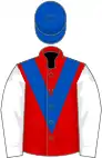 Red, royal blue chevron, white sleeves, blue cap