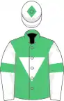 Emerald green, white inverted triangle, white sleeves, emerald green armlets and diamond on white cap